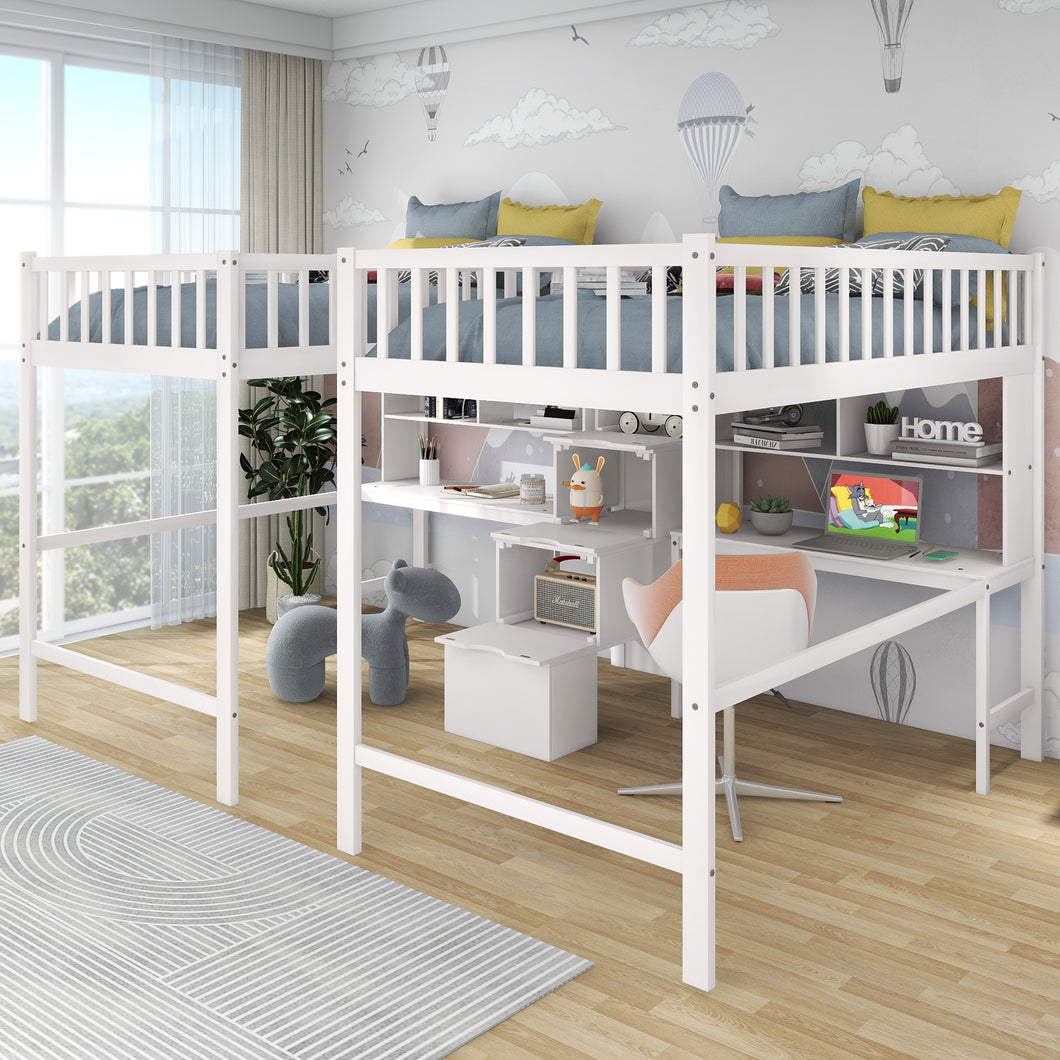 iRerts Twin & Twin Loft Bed with Desk, Wood Kids Loft Bed Twin Size with Shelves and Storage Staircase, Modern Twin Loft Bed Frame for Boys Girls Teens Adults, Versatile Loft Bed for Bedroom, White
