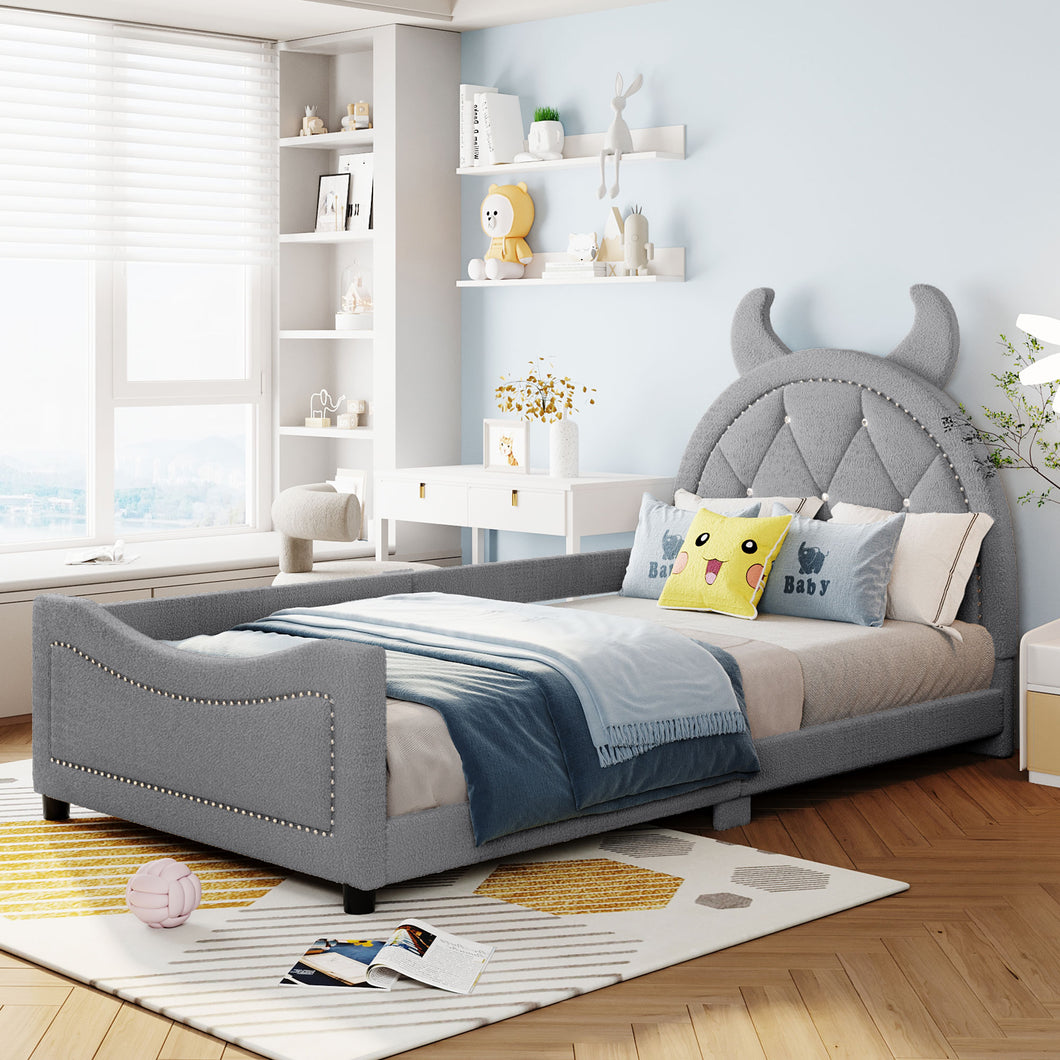 iRerts Twin Size Upholstered Daybed Frame for Kids, Teddy Fleece Twin Platform Bed Frame with OX Hor Shaped Headboard and Footboard, Wood Twin Size Sofa Bed for Girls Boys, Gray