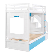 Load image into Gallery viewer, iRerts Wood Bunk Bed Twin over Twin , Modern Twin Over Twin Bunk Bed with Trundle, Storage Cabinet, Stairs and Ladders, Twin Bunk Beds for Kids Teens Adults Bedroom, White/Blue

