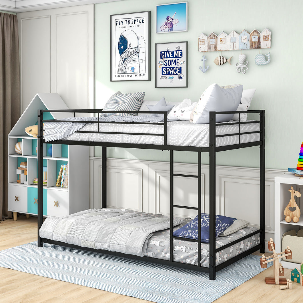 iRerts Twin Over Twin Bunk Bed, Metal Floor Bunk Bed Twin Over Twin with Ladder and Safety Guardrails, Heavy Duty Twin Over Twin Low Bunk Bed or Kids Teens Adults Bedroom, No Box Spring Needed, Black