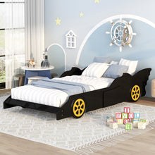 Load image into Gallery viewer, iRerts Race Car Shaped Twin Bed Frame, Wood Twin Platform Bed Frame for Kids Toddlers, Children Twin Size Platform Bed with Wheels, Wooden Slats, No Box Spring Needed, Black/Yellow
