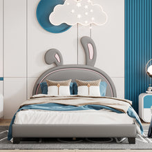 Load image into Gallery viewer, iRerts Full Size Upholstered Platform Bed, Cute Full Bed Frame for Kids Teens Bedroom, Full Platform Bed Frame with Rabbit Ears Headboard, Kids Full Bed Frame No Box Spring Needed, Gray
