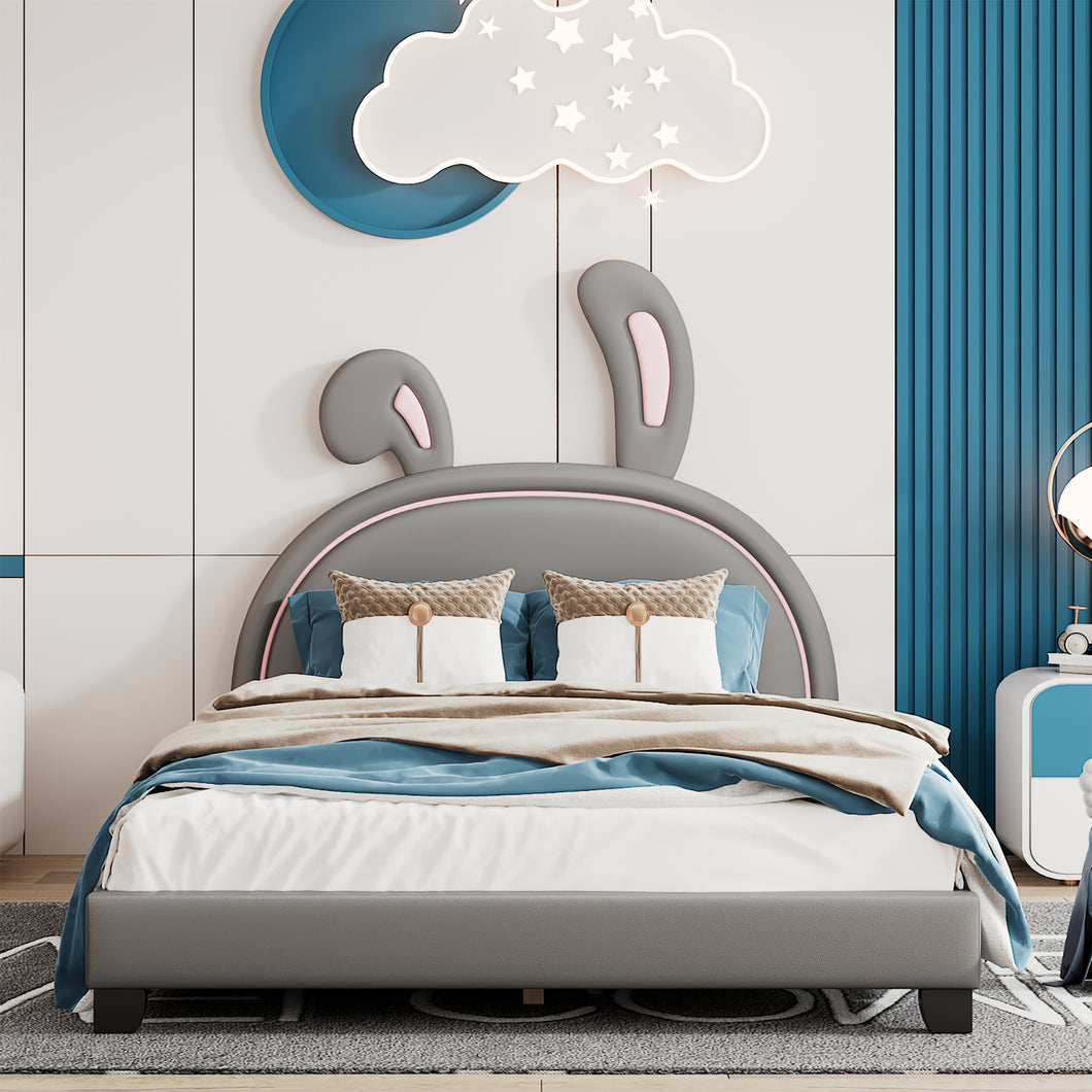 iRerts Full Size Upholstered Platform Bed, Cute Full Bed Frame for Kids Teens Bedroom, Full Platform Bed Frame with Rabbit Ears Headboard, Kids Full Bed Frame No Box Spring Needed, Gray