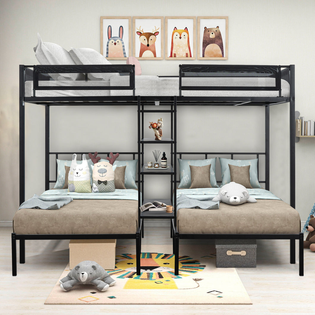 Full Over Twin Over Twin Bunk Bed, iRerts Modern Metal Triple Bunk Beds, Black Kids Triple Bunk Beds with Shelves, Bedroom Furniture Bunk Bed for Dormitory Kids Room, No Box Spring Needed