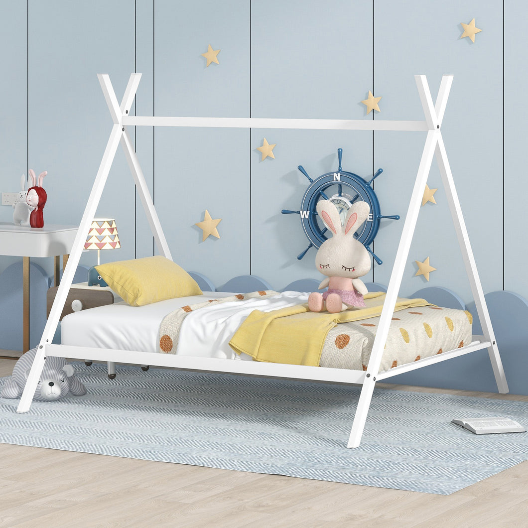 iRerts House Full Bed Frame, Metal Full Size Play House Bed Frame for Kids Teens Boys Girls, Kids Toddlers Tent Bed Frame Full Size with Metal Slats, No Box Spring Needed, White