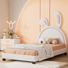 Load image into Gallery viewer, iRerts Twin Size Upholstered Platform Bed, Cute Twin Bed Frame for Kids Teens Bedroom, Twin Platform Bed Frame with Rabbit Ears Headboard, Kids Twin Bed Frame No Box Spring Needed, White
