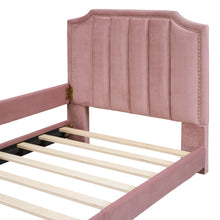 Load image into Gallery viewer, iRerts Upholstered Twin Platform Bed Frame, Velvet Twin Daybed Frame with Classic Stripe Shaped Headboard and Footboard, Wood Twin Size Sofa Bed for Kids Girls Boys, No Box Spring Needed, Pink
