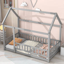 Load image into Gallery viewer, iRerts Twin Bed Frame Floor Bed, Wooden Kids Twin Bed Frame with House Roof Frame, Floor Twin Bed Frame for Toddlers Girls Boys Bedroom, House Floor Bed Frame with Fence Guardrails, Gray
