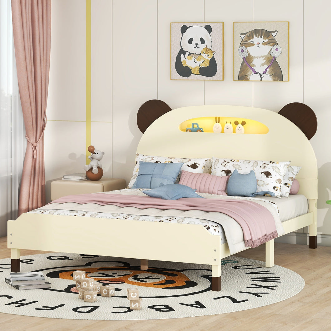 iRerts Kids Full Bed Frame, Wood Full Size Platform Bed Frame with Bear-shaped Headboard, Motion Activated Night Lights, Full Bed Frames for Girls Boys Bedroom, No Box Spring Needed, Cream+Walnut