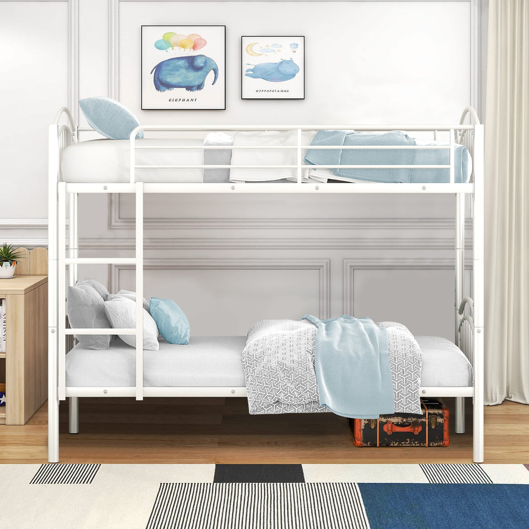 iRerts Twin Over Twin Bunk Bed, Metal Bunk Bed Twin Over Twin for Kids Teens Adults, 2 in 1 Convertible Bunk Bed with Safety Guard Rails, Twin Bunk Bed for Small Rooms Bedroom Dormitory, White