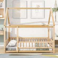 Load image into Gallery viewer, iRerts Floor Full Bed Frame, Wooden Full Size Bed Frame for Girls Boys, Full Bed Frame with House Roof Frame and Fence Guardrails, Toddler House Full Bed Frame for Kids Bedroom Living Room, Nartural
