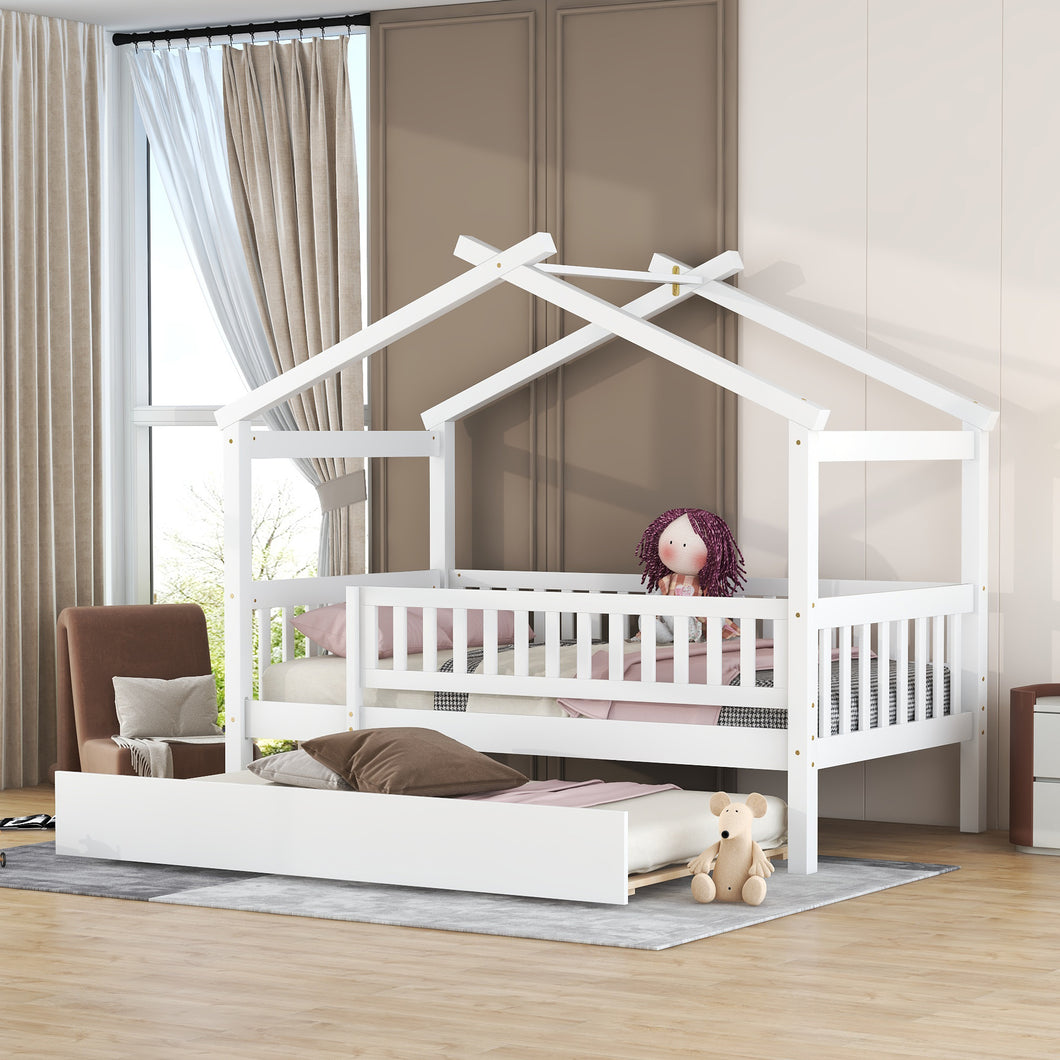 iRerts Twin Size House Bed with Twin Size Trundle, Wooden Twin Platform Bed Frame for Kids Boys Girls, House Platform Bed frame Twin Size with Slats, Kids Twin Bed Frame No Box Spring Needed, White