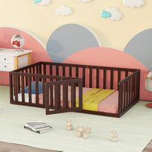 Load image into Gallery viewer, iRerts Twin Floor Bed Frame for Kids Toddlers, Wood Montessori Low Floor Twin Size Bed Frame with Fence Guardrail and Door, kids Twin Bed for Boys Girls, Spring Needed, Walnut
