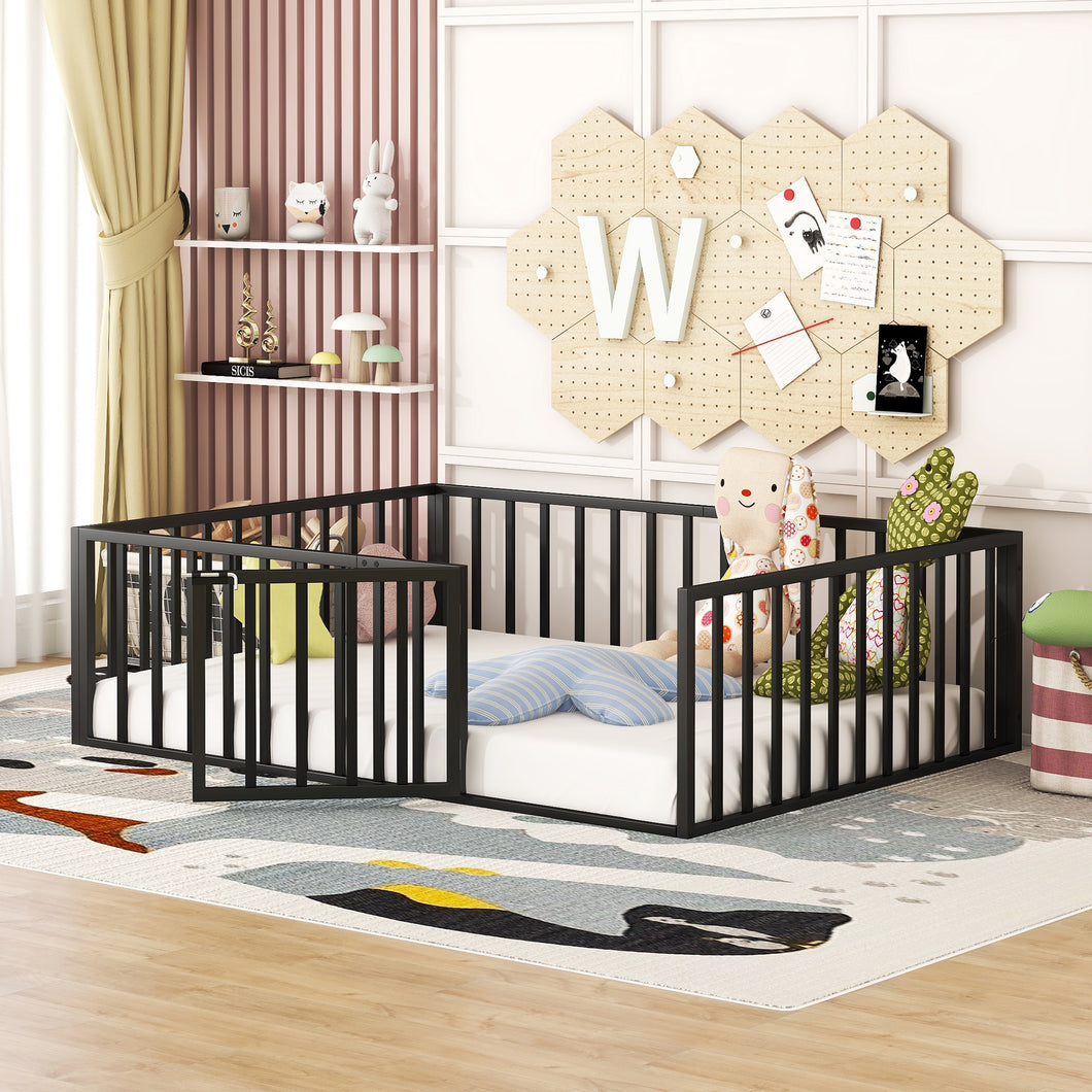 iRerts Full Floor Bed Frame, Metal Full Size Montessori Floor Bed Frame with Fence and Door, Kids Toddler Floor Bed Frame Full Size for Girls Boys, Twin Bed Frame without Bed Slats, Black