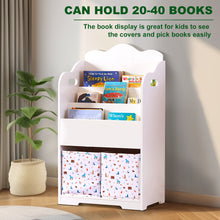 Load image into Gallery viewer, iRerts Kids Bookshelf, Wood 4 Tier Kids Toddler Bookcase with 3 Shelves Book Organizer, 2 Moveable Storage Boxes, Kids Book Shelf Organizer Book Rack Sling Book Display Stand for Kids Bedroom, White
