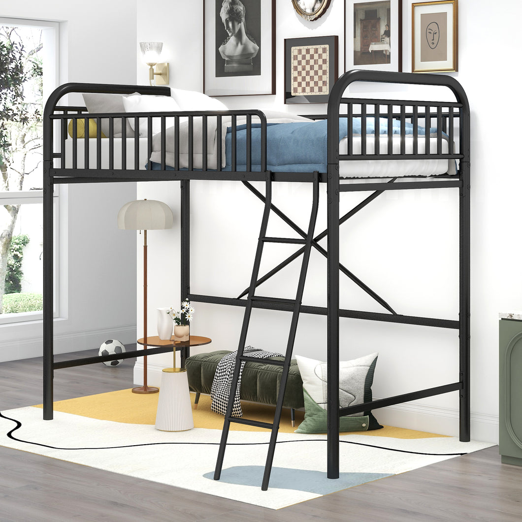 iRerts Twin Size Loft Bed, Metal Loft Bed Twin for Kids Teens Adults, Twin Loft Bed with Ladder and Full-Length Guardrail, Twin Metal Loft Bed for Bedroom Dorm Guest Room, No Box Spring Needed, Black