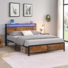 Load image into Gallery viewer, iRerts Queen Bed Frame with LED Lights and 2 USB Ports, Industrial Metal Queen Platform Bed Frame with Storage Shelf Headboard, No Box Spring Needed, Queen Size Bed Frames for Bedroom, Rustic Brown
