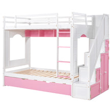 Load image into Gallery viewer, iRerts Wood Bunk Bed Twin over Twin , Modern Twin Over Twin Bunk Bed with Trundle, Storage Cabinet, Stairs and Ladders, Twin Bunk Beds for Kids Teens Adults Bedroom, White/Pink
