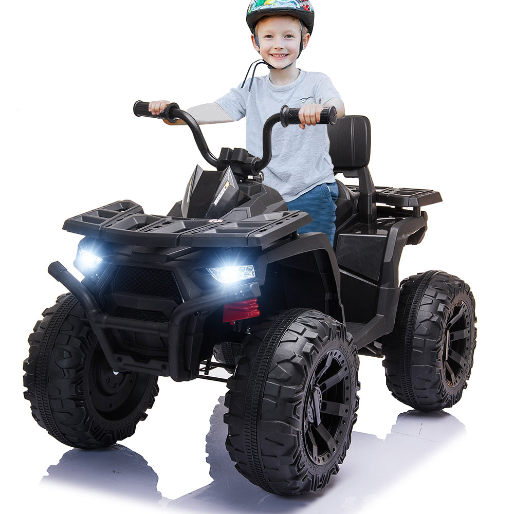 iRerts Black 12V Battery Powered Ride on ATV Cars for Boys Girls, Ride on Toys with Music, LED Light, USB, MP3, Power Display, Accelerator and Brake, Volume Adjustment