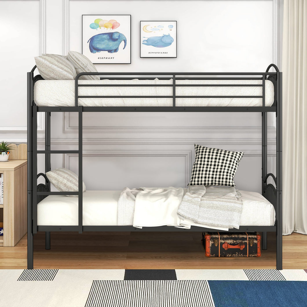 iRerts Twin Over Twin Bunk Bed, Metal Bunk Bed Twin Over Twin for Kids Teens Adults, 2 in 1 Convertible Bunk Bed with Safety Guard Rails, Twin Bunk Bed for Small Rooms Bedroom Dormitory, Black
