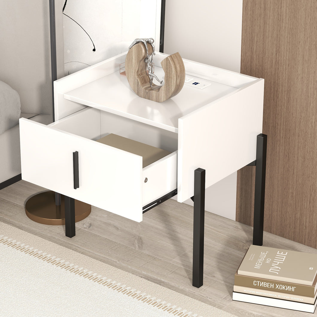 iRerts Side Table with Charging Station, Wood Nightstand with Drawer, USB Charging Ports and White Handle, Modern Storage Bedside Table End Table for Bedroom Living Room, White