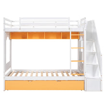Load image into Gallery viewer, iRerts Wood Bunk Bed Twin over Twin , Modern Twin Over Twin Bunk Bed with Trundle, Storage Cabinet, Stairs and Ladders, Twin Bunk Beds for Kids Teens Adults Bedroom, White/Yellow
