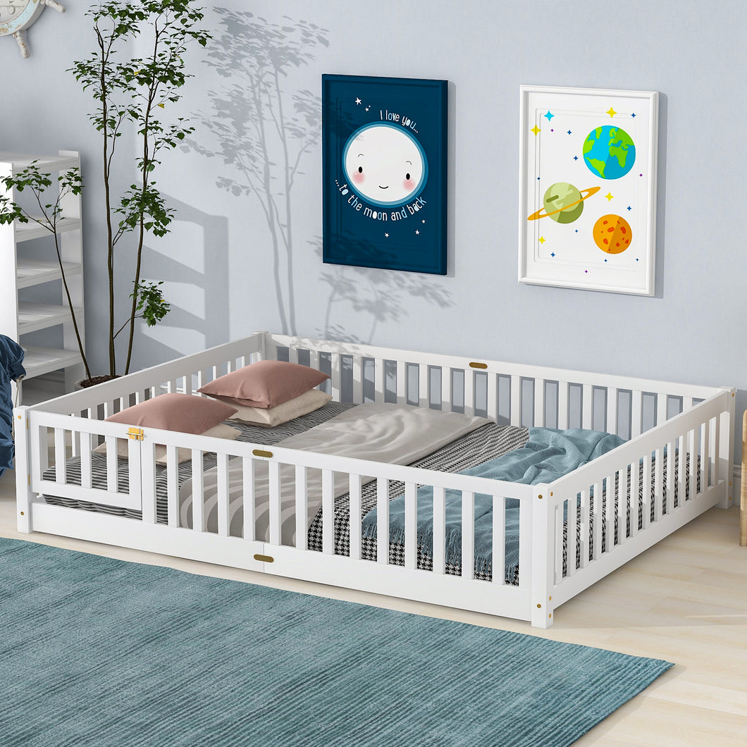 iRerts Queen Floor Bed Frame for Kids Toddlers, Wood Low Floor Queen Size Bed Frame with Fence Guardrail and Door, kids Queen Bed for Boys Girls, No Box Spring Needed, White