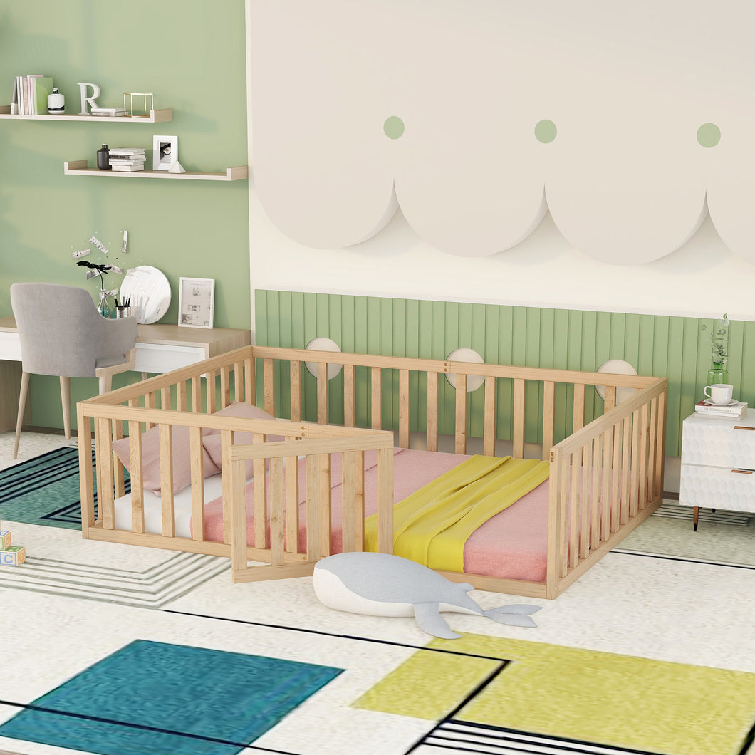iRerts Full Floor Bed Frame for Kids Toddlers, Wood Montessori Low Floor Full Size Bed Frame with Fence Guardrail and Door, kids Full Bed for Boys Girls, Spring Needed, Natural