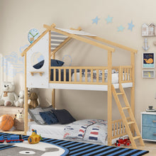 Load image into Gallery viewer, iRerts House Bunk Bed Twin Over Twin Wood House Bed Frame with Roof, Twin Low Bunk Beds with Ladder Guard Rail Window Stair for Kids Teens Girls Boys Bedroom, No Box Spring Needed, Natural
