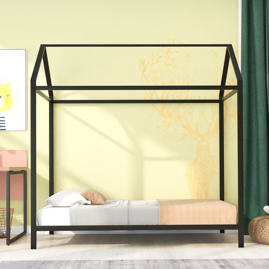 iRerts Twin Bed Frame for Girls Boys, Metal Toddler Twin House Bed Frame, Kids Bed Frame for Boys Girls, House Bed Frame Twin Size with Metal Slats, Floor Bed for Kids No Box Spring Needed, Black