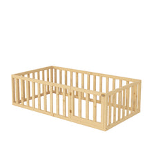 Load image into Gallery viewer, iRerts Twin Floor Bed Frame for Kids Toddlers, Wood Montessori Low Floor Twin Size Bed Frame with Fence Guardrail and Door, kids Twin Bed for Boys Girls, Spring Needed, Natural
